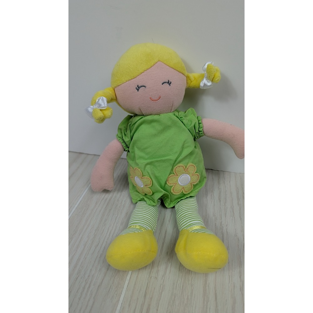 Carter's Plush Rag Doll Green Yellow Blonde Hair Flower Dress Striped Legs FLAW